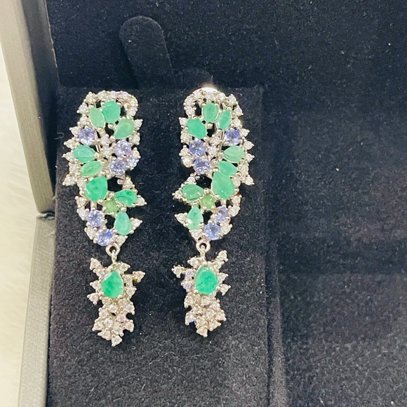 Natural Colombian Emerald and Tanzanite art deco Dior style earrings - Picture 4 of 5